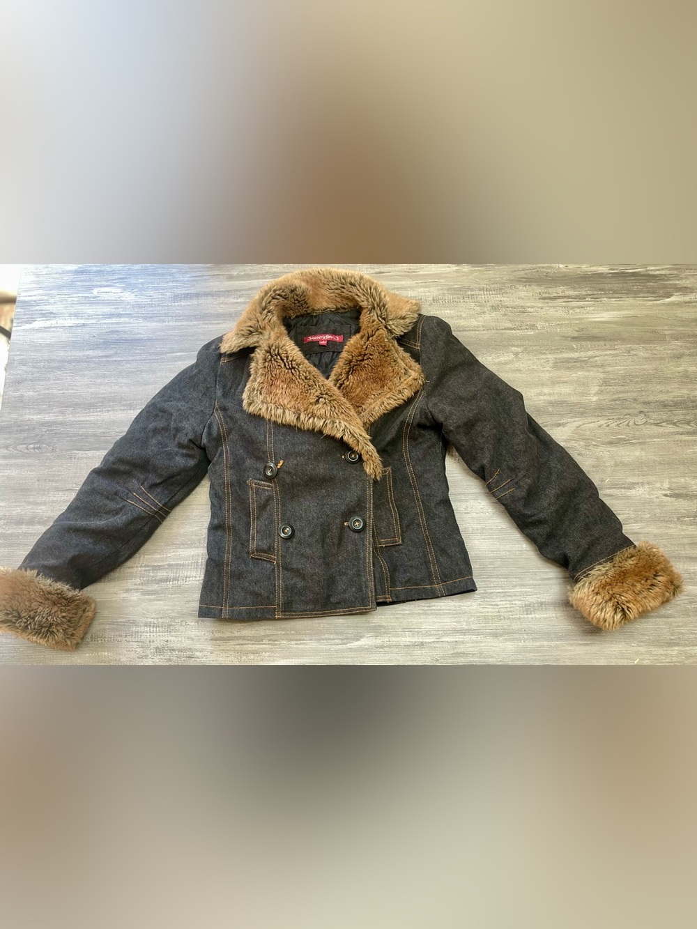 Women's Dark Gray Denim Peacoat with Faux Fur Trim